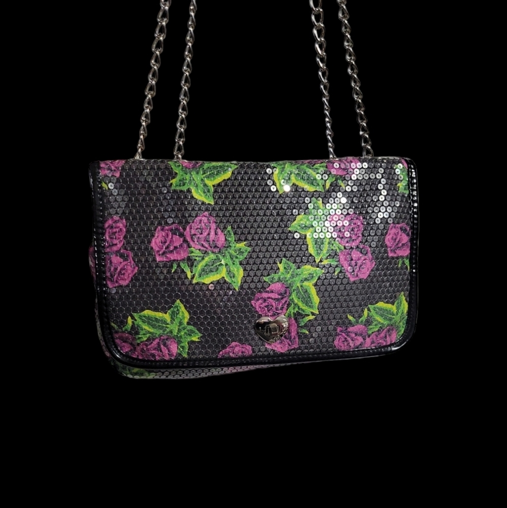 BETSEY Johnson Purple Rose Sequence Embellished Handbag - Picture 4 of 14